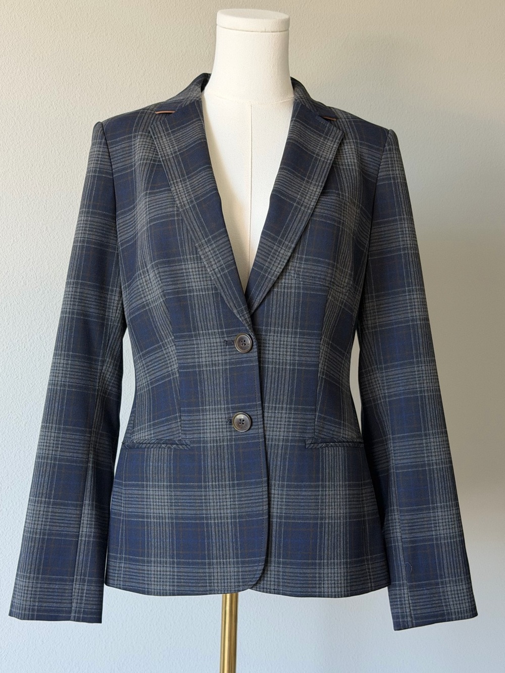 Tommy Hilfiger Navy and Gray Plaid Women's Blazer with Elbow Patches - 6